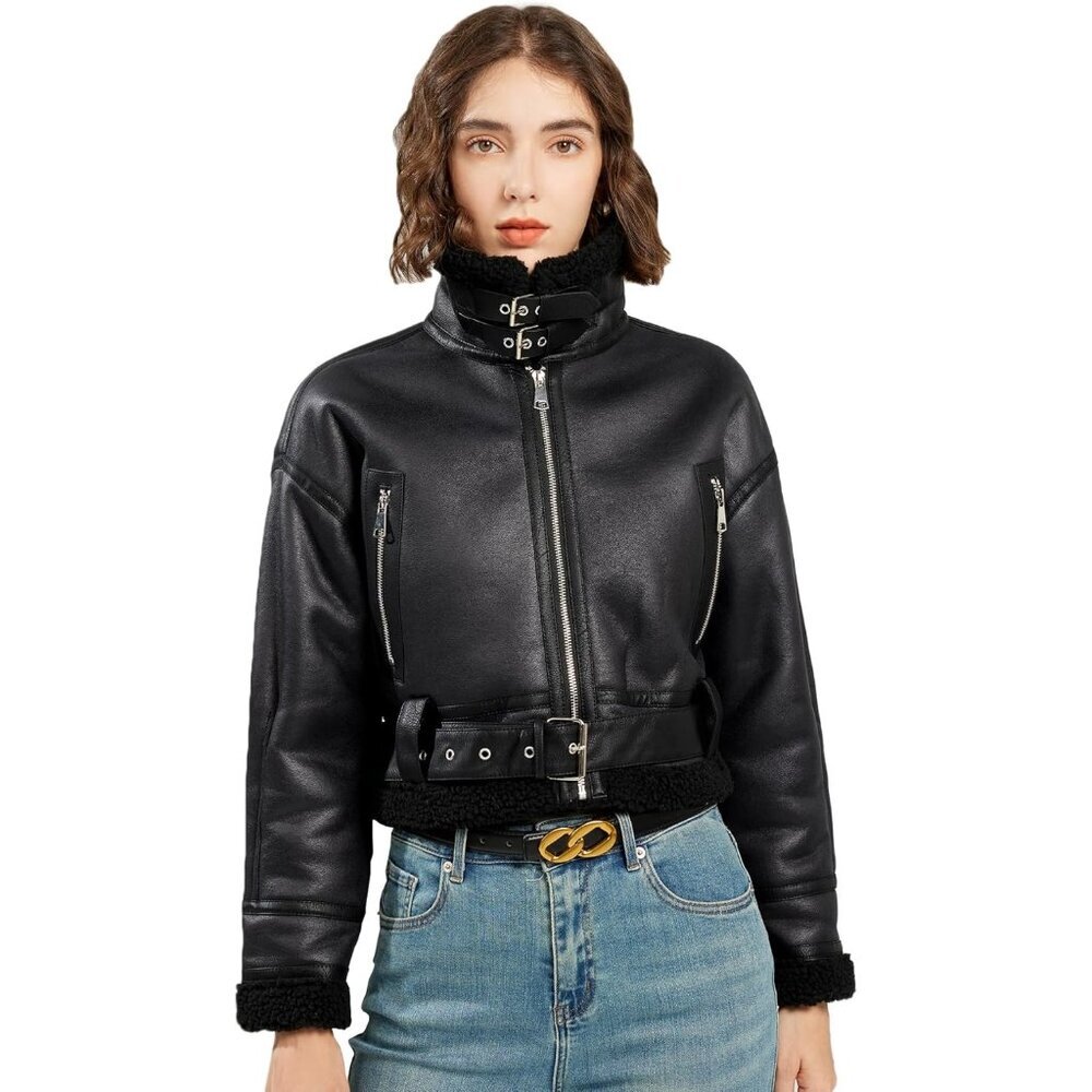Women Faux Lamb Fur Leather Short Jacket Lapel Zipper Bomber Aviator Coat Black